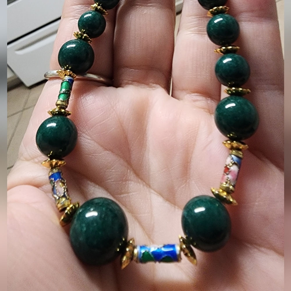 Nephrite and Cloisonne Goldtone Beaded Bracelet - Picture 7 of 11
